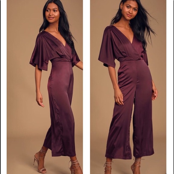 Lulus Pants - Plum Purple Satin Wide-Leg Jumpsuit